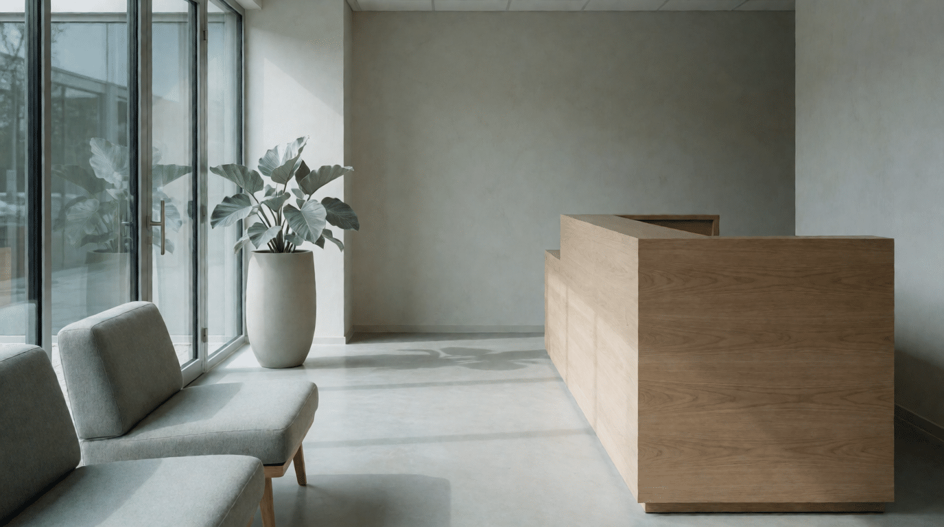 Office reception area with an oak counter, grey seating and a large window with daylight
