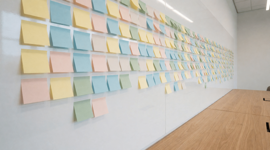 Whiteboard covered with coloured sticky notes in a project room