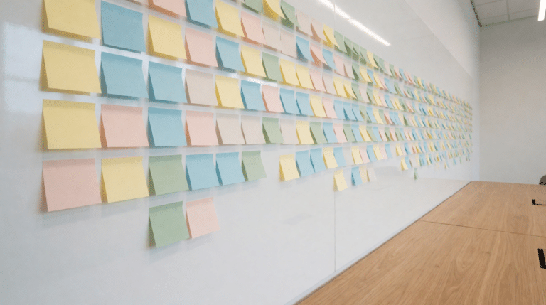 Whiteboard covered with coloured sticky notes in a project room