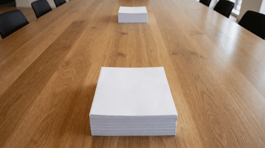 Boardroom table with two sets of papers and a view of a Dutch port