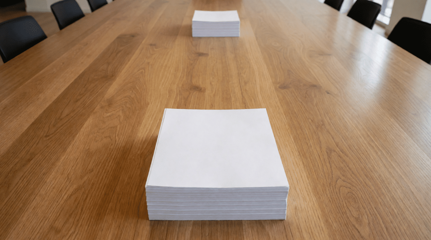Boardroom table with two sets of papers and a view of a Dutch port