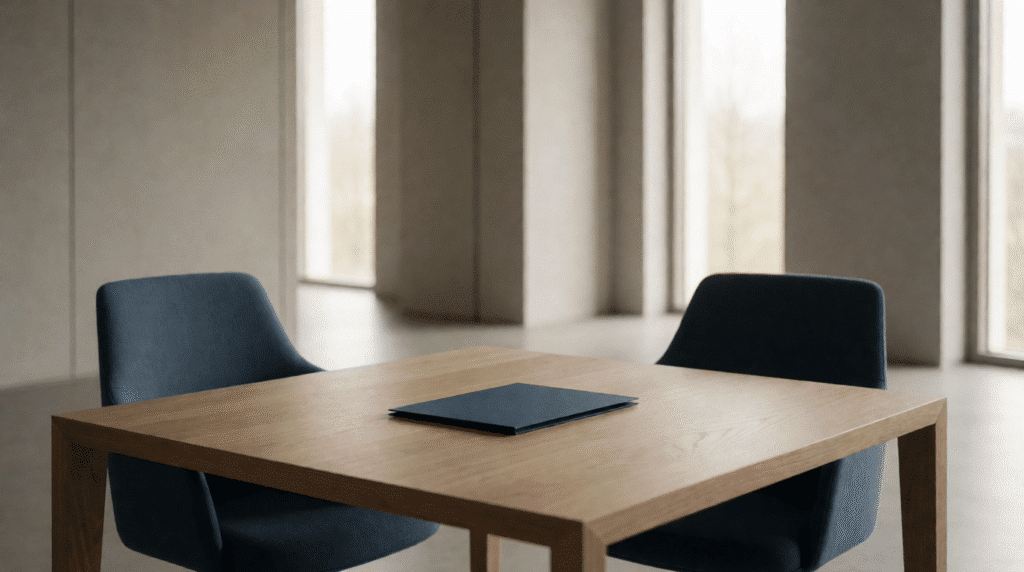 Empty meeting room in a Dutch law office with two chairs facing each other
