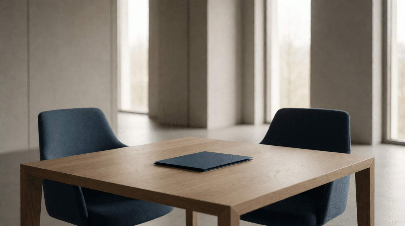 Empty meeting room in a Dutch law office with two chairs facing each other