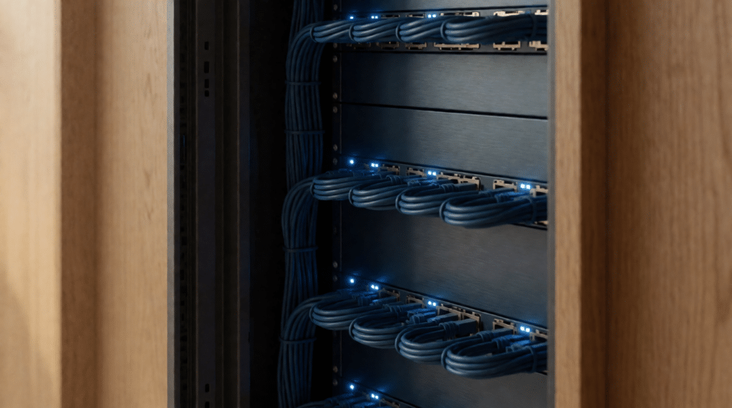 Server room with an open rack door and bundled network cables