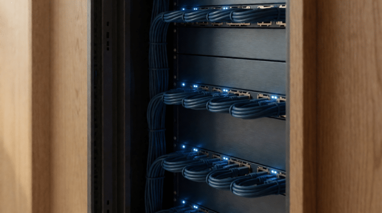 Server room with an open rack door and bundled network cables