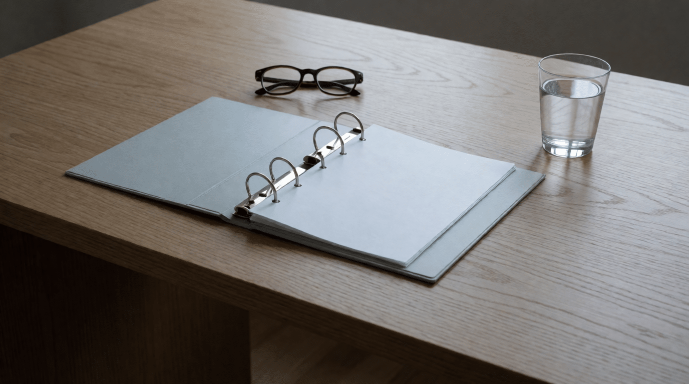 Oak desk with an open empty ring binder, reading glasses and a glass of water, daylight from the side