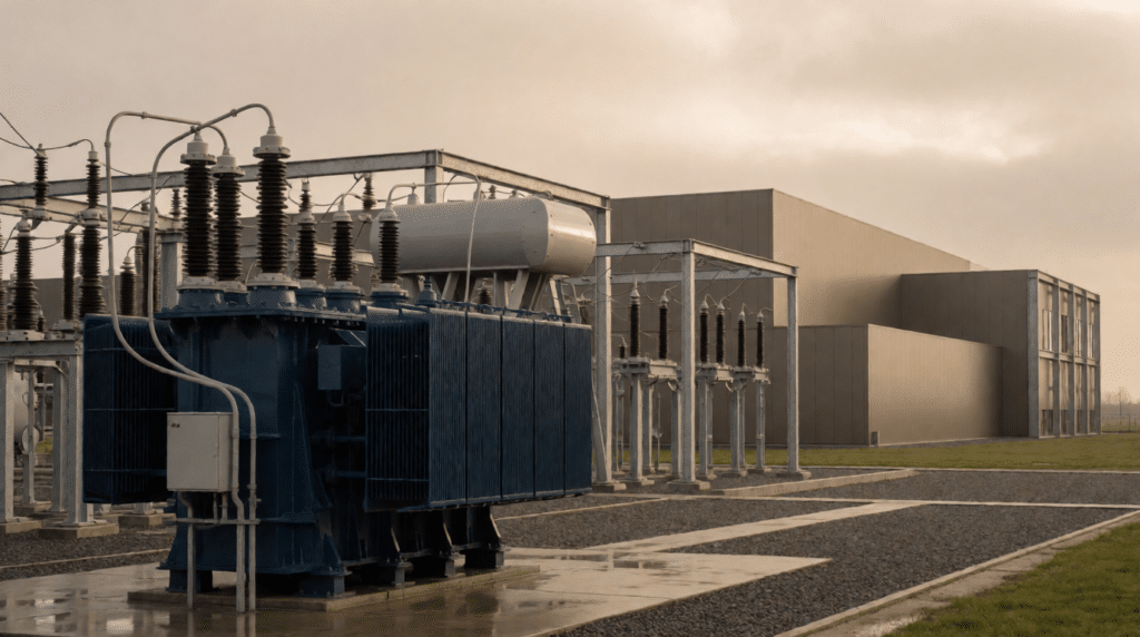 Industrial substation beside a factory site under a clouded sky