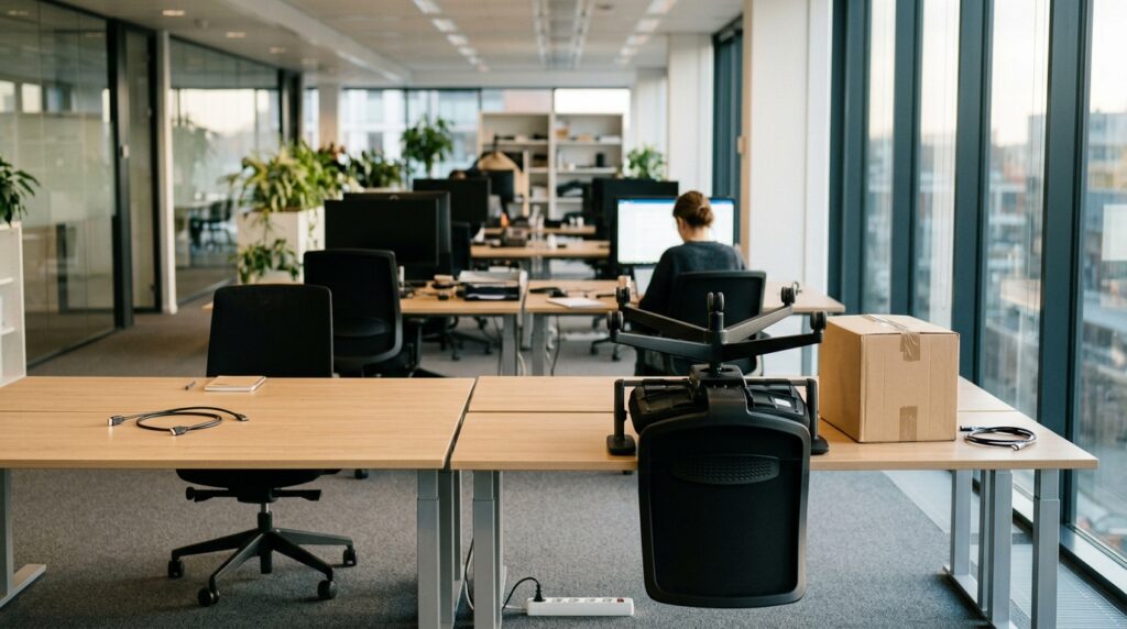 Open-plan office with cleared desks, disconnected cables and a packing box after colleagues left for a competitor