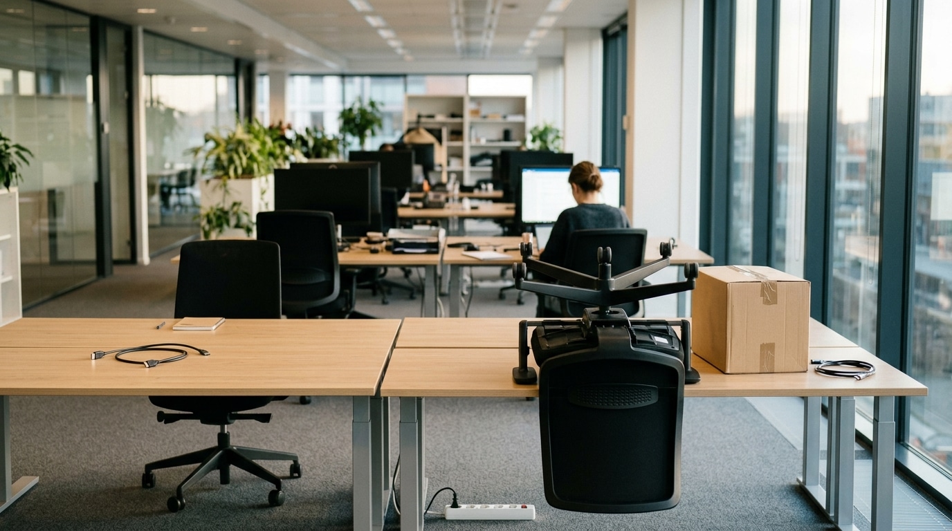 Open-plan office with cleared desks, disconnected cables and a packing box after colleagues left for a competitor
