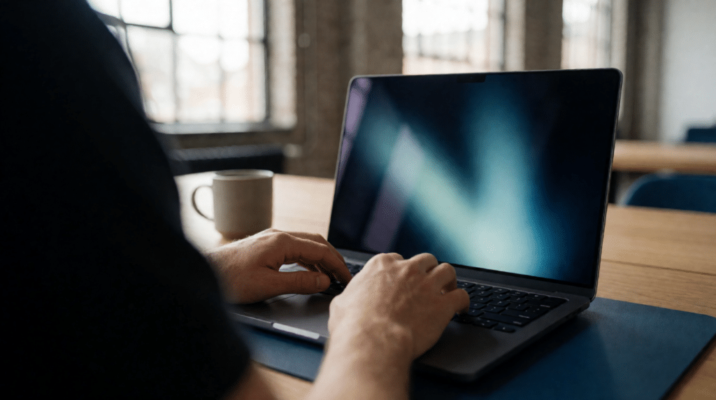 Developer's hands on a laptop keyboard in a bright workspace