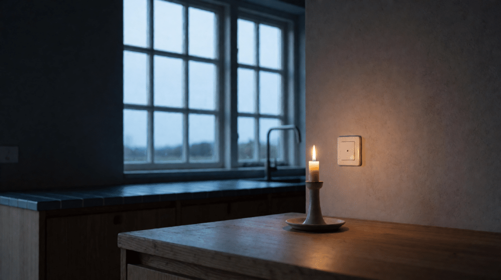 Dark kitchen at dusk with a single candle and a light switch