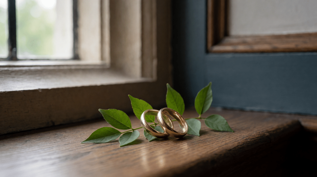 Two gold rings on a green sprig on a town hall windowsill