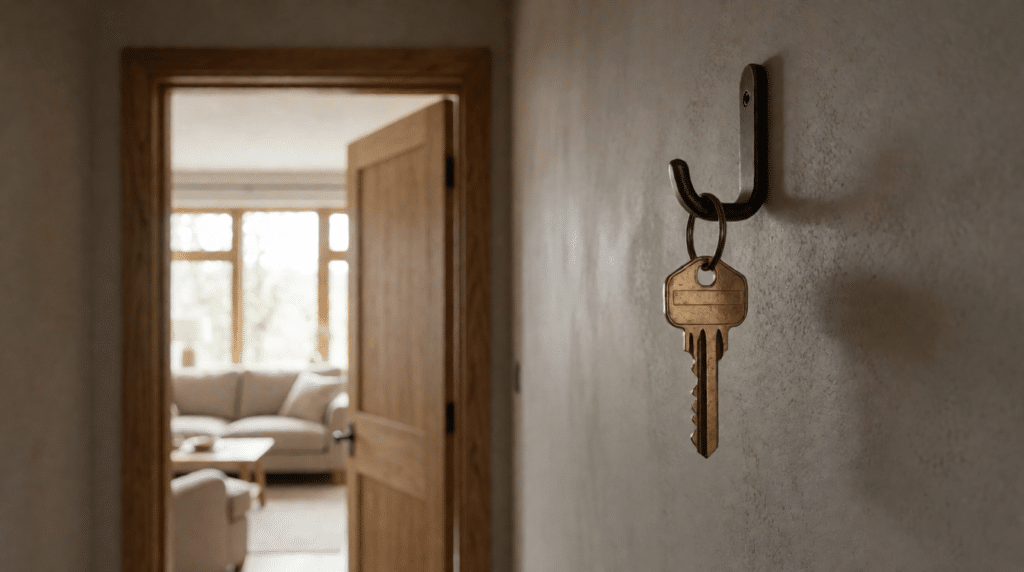 House key on a hook beside an open front door and living room