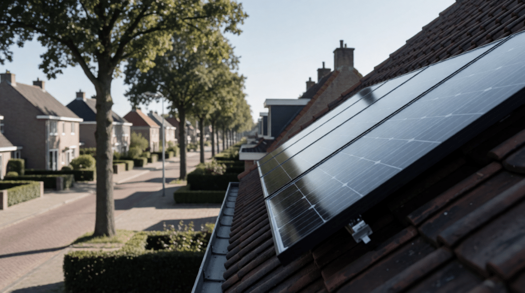 Solar panels on a tiled roof above a quiet residential street
