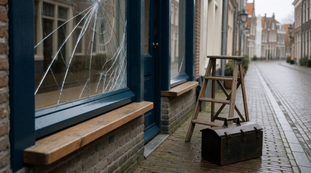 Cracked shop window on a cobbled street with a ladder and toolbox