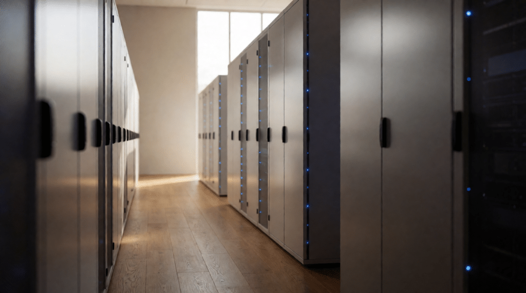 Server room corridor with rows of locked grey cabinets