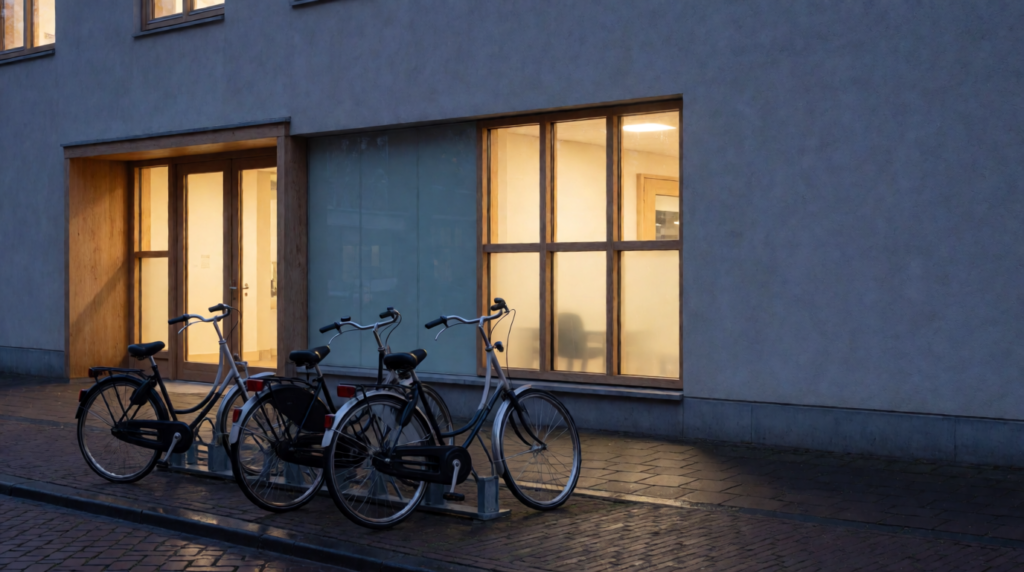 Plain police station with parked bicycles and lit windows at dusk