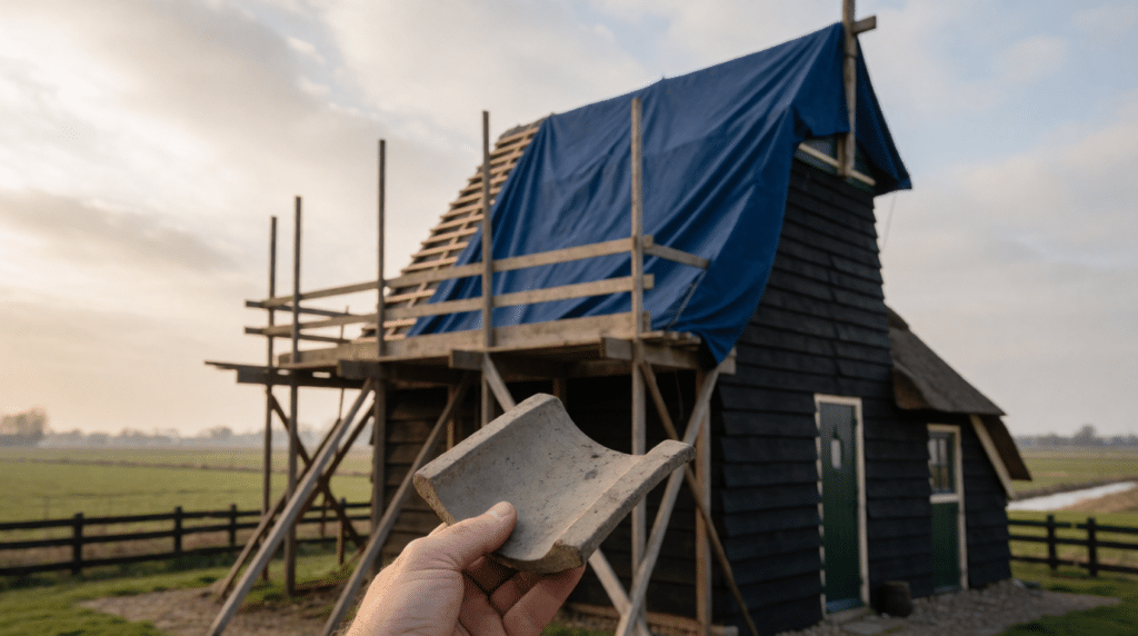 Hand holding a roof tile before a mill cottage with scaffolding in the polder