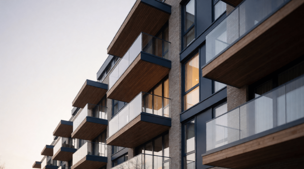 Modern apartment block with balconies seen from street level