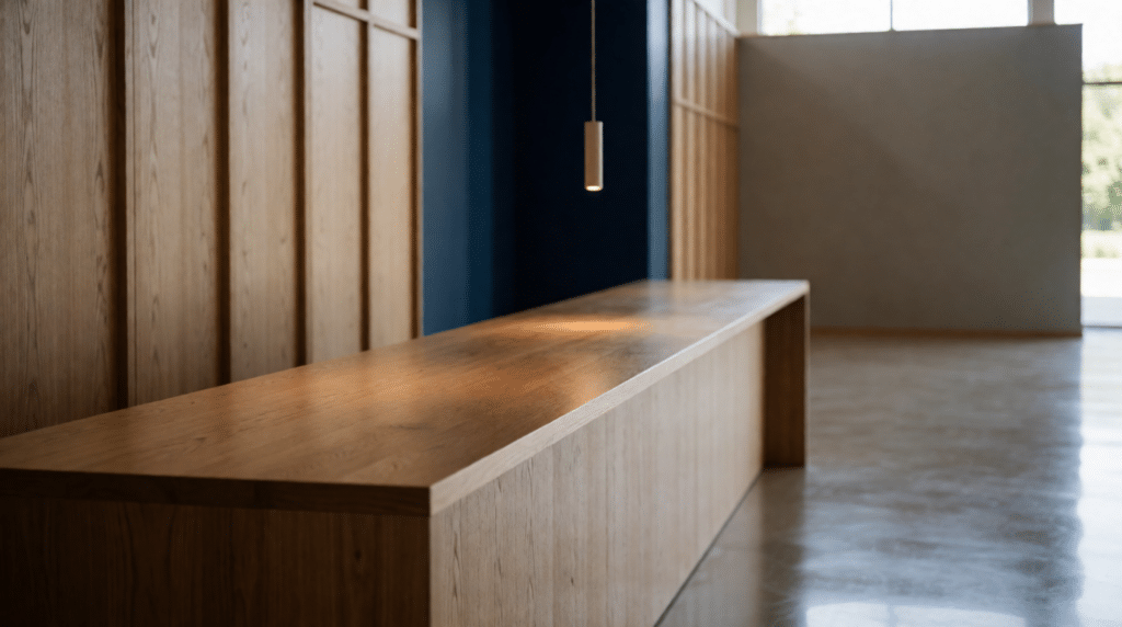 Long counter in an empty bright hall with wood panelling and a pendant lamp