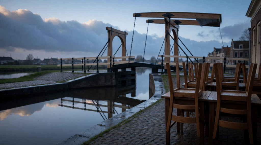 Flooded lock and bridge by a canal under a stormy sky