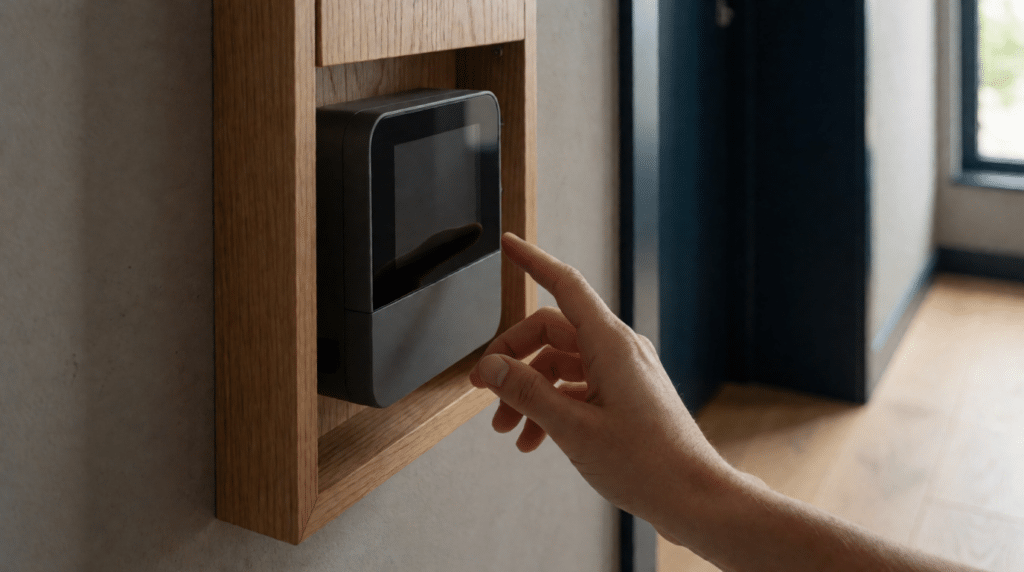 Hand reaching toward a smart electricity meter in a meter cupboard