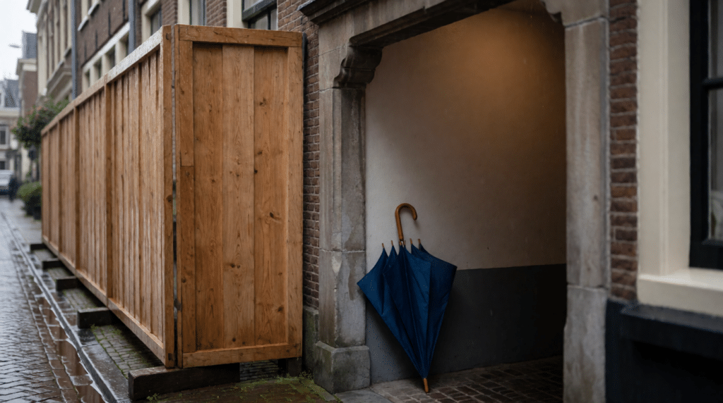 Umbrella leaning on a wall in a covered doorway on a rainy day