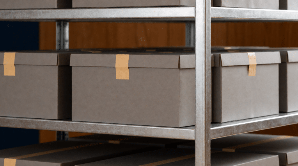 Taped grey archive boxes on a metal storage shelf