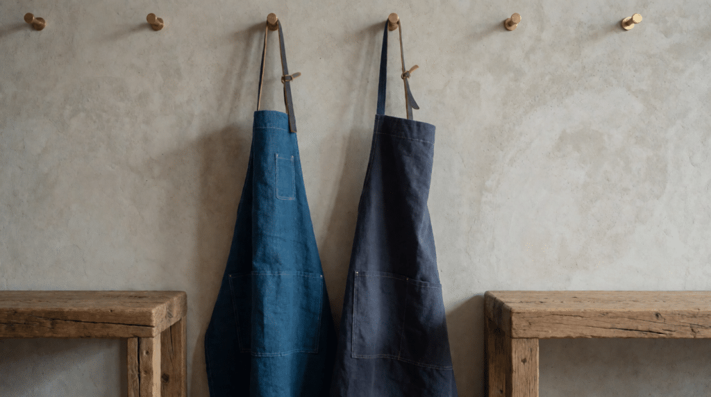 Two aprons hanging side by side in a small cheese shop