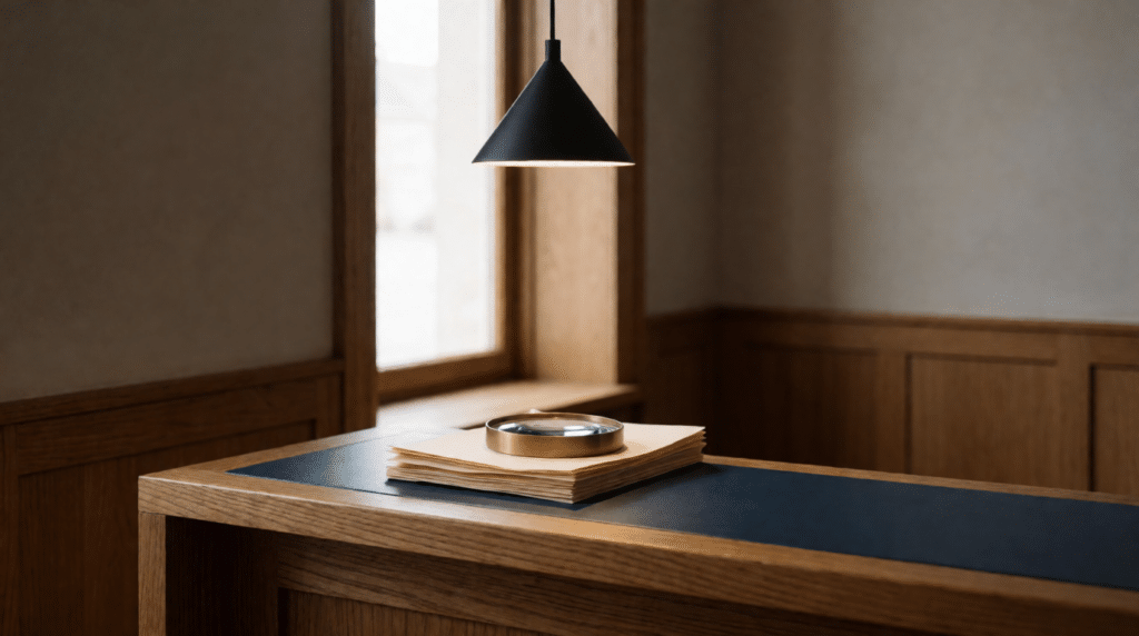 Town hall reception desk with a pendant lamp, magnifier and folders