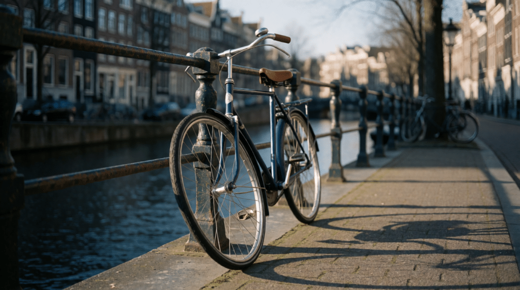 Bicycle with a bent front wheel leaning against a canal railing