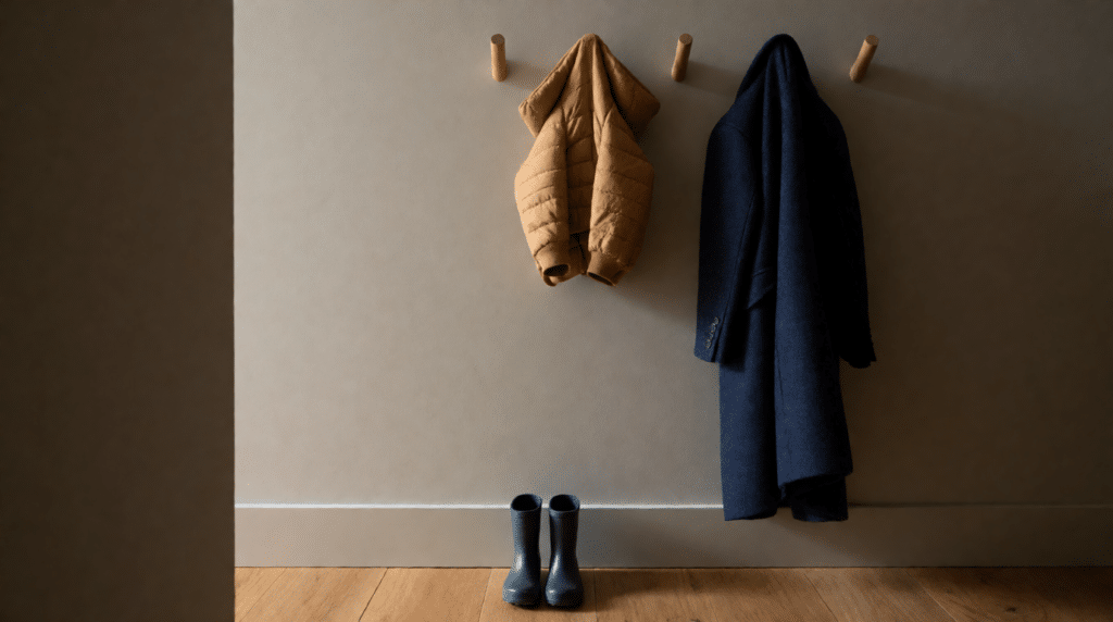 Child's coat and rain boots beside an adult's coat in a hallway