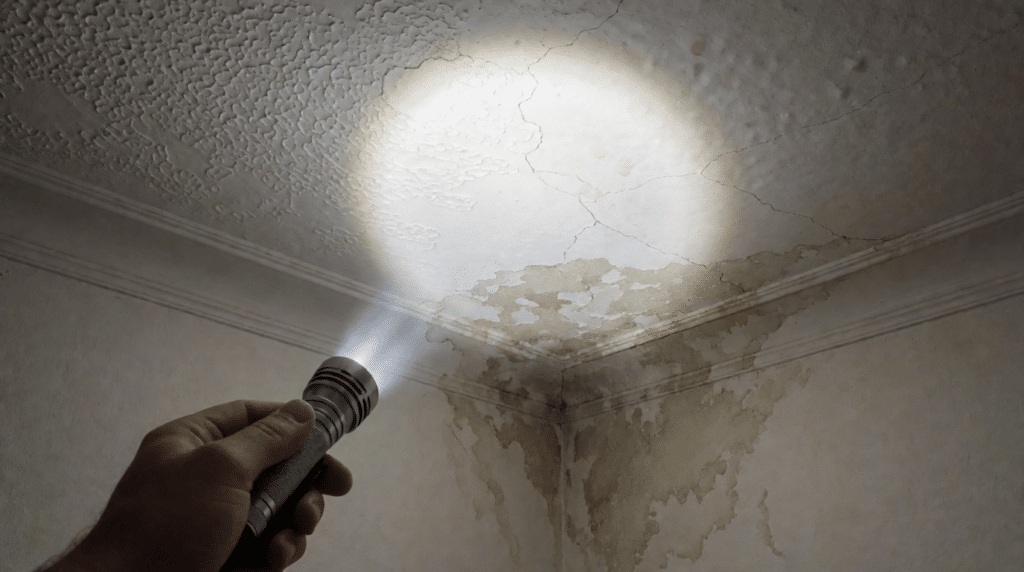 Flashlight on a damp stain and peeling plaster in a ceiling corner