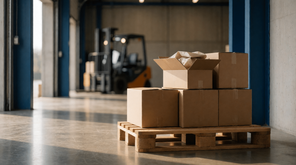 Pallet of cartons at a loading dock with one carton opened