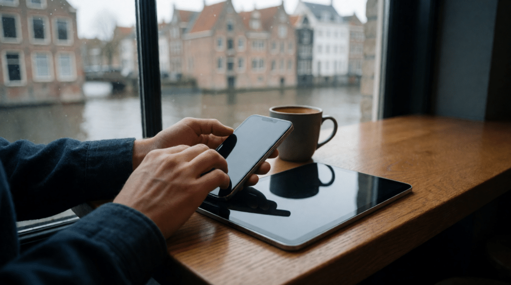 Hands typing on a smartphone and tablet at a cafe table by a canal