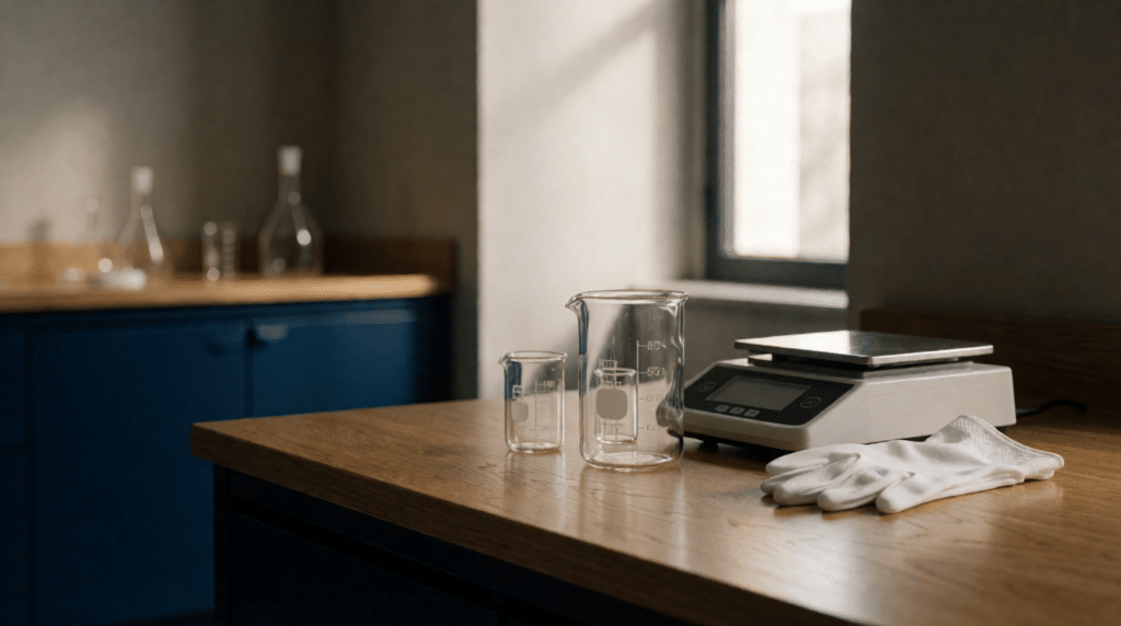 Laboratory bench with beakers, white gloves and a scale