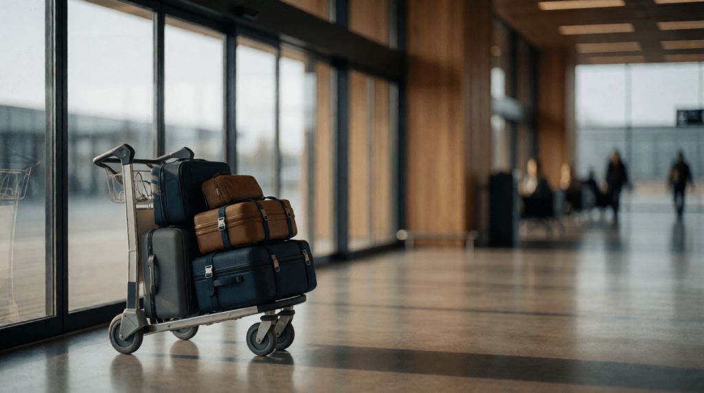 Luggage trolley with suitcases by sliding doors in an arrivals hall