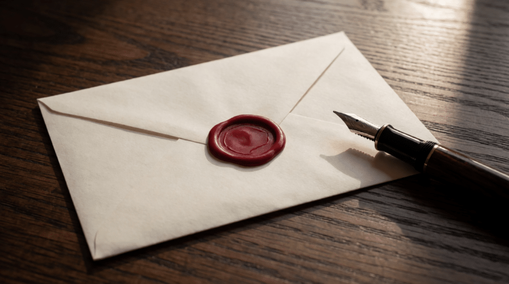 Sealed envelope and fountain pen on a dark wooden desk by a window in soft morning light