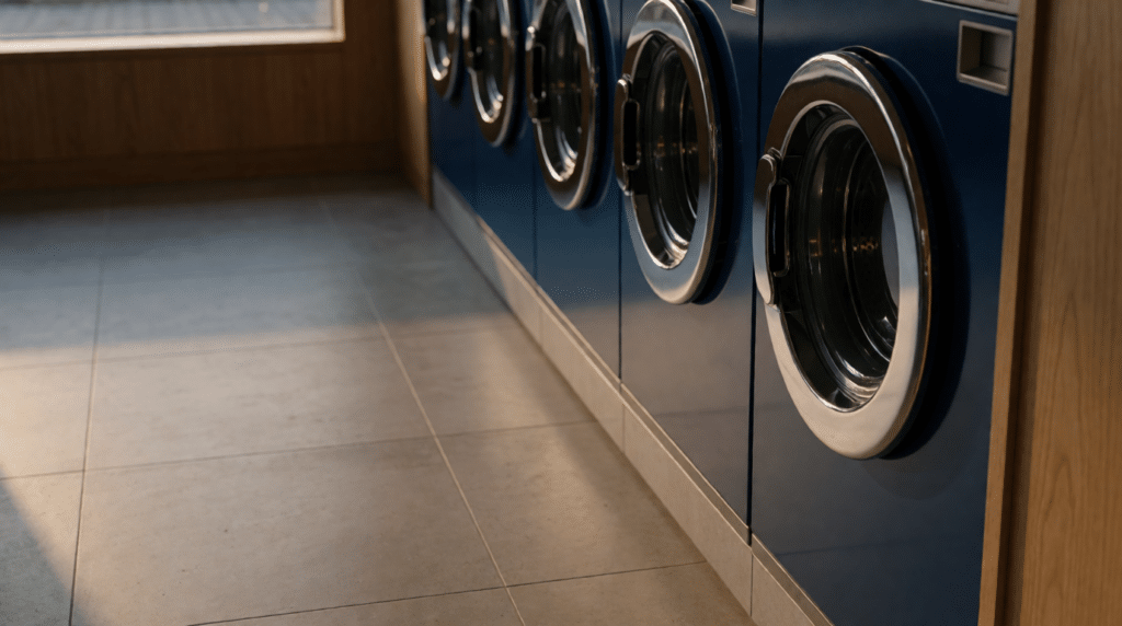 Row of washing machines in an empty laundromat with tiled floor