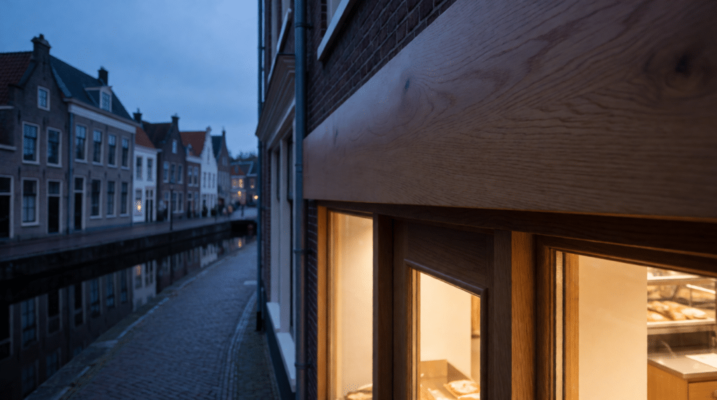 Blank wooden fascia above a canal-side bakery door at dusk