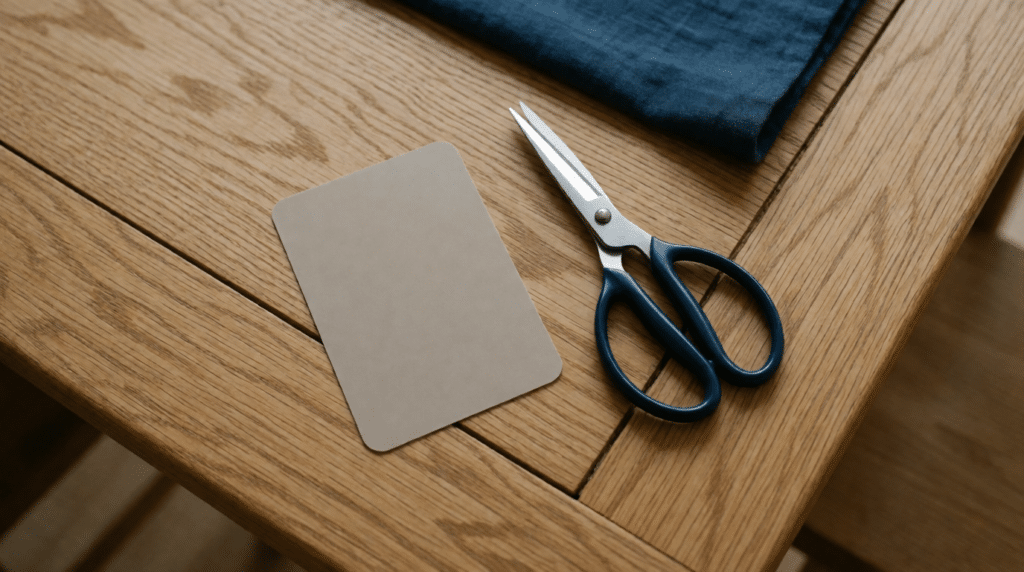 Blank plastic card on a wooden table next to a pair of scissors