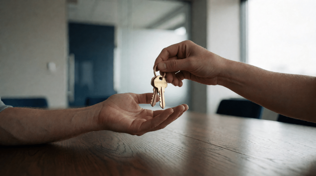 Two hands exchanging brass keys across an oak boardroom table
