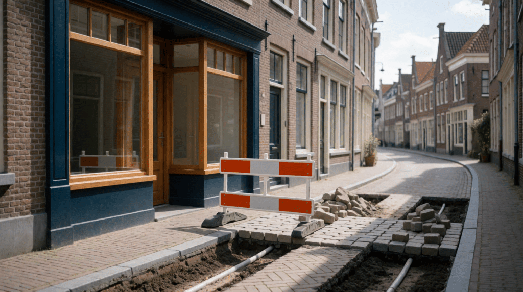 Shop street blocked by a road works barrier with open paving trenches