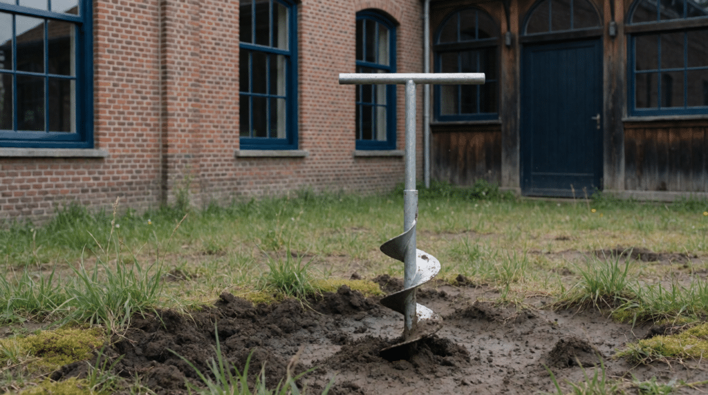 Soil auger in dark earth on a vacant plot beside an old building