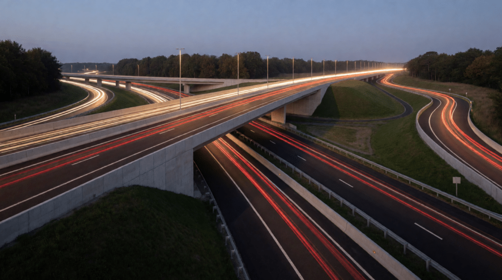 Motorway interchange overpass with light trails of evening traffic