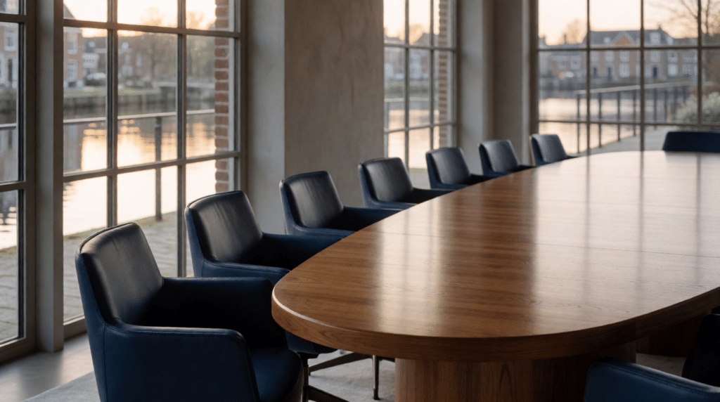Empty leather chairs around an oval table in a boardroom by a canal
