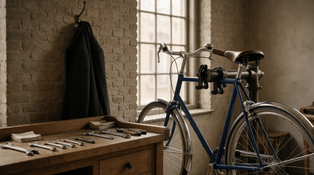 Repaired bicycle in a repair stand in a workshop