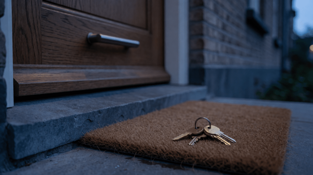 Closed front door of a row house with keys on the doormat