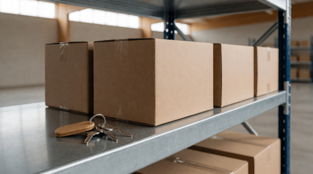 Row of sealed cardboard boxes and car keys on a metal shelf in a storage room