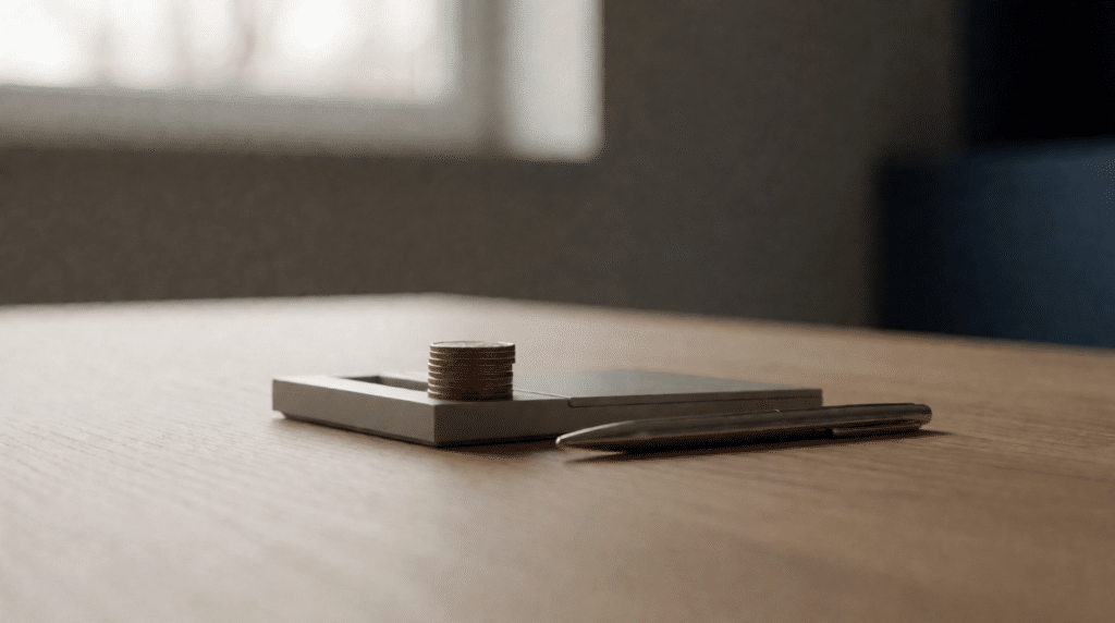 Stack of coins on a calculator with a pen by a window